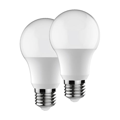 Two GLS-shaped LED bulbs with white finish and E27 screw caps, 9W, 4000K cool white, shown on a plain white background.