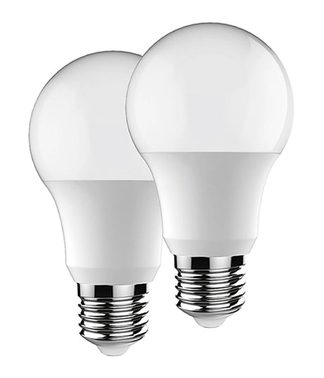 Two GLS-shaped E27 LED bulbs, 9W with white finish domes and chrome-tone screw caps, shown on a plain white background.