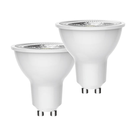 Two GU10 LED spot bulbs with clear glass lens and white body, 5W, 4000K cool white, non-dimmable, shown on a plain white background.