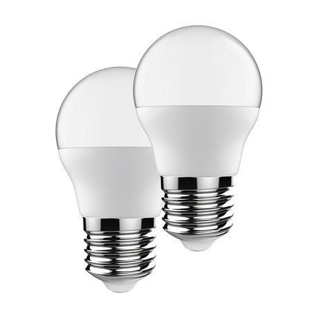 Two white golfball LED bulbs with E27 screw caps, shown upright on a plain white background, 5W 3000K warm white.