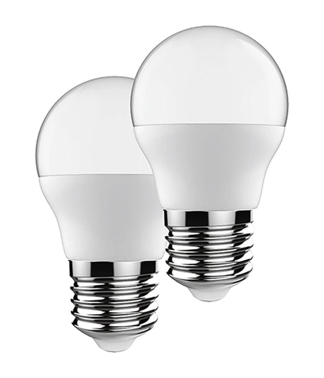 Two E27 golfball LED bulbs with white dome finish and chrome screw caps, 5W 4000K, shown against a plain white background.