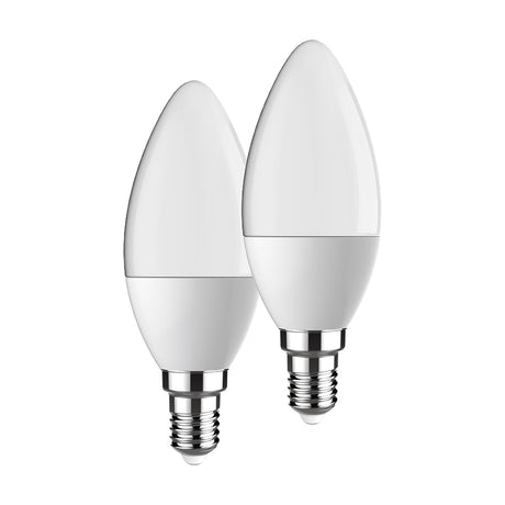 Two white candle-shaped E14 LED bulbs, 5W 3000K 470lm, with silver screw caps, shown against a plain white background.