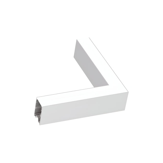 The image features a Sparx Corner LED Connector 8W 3000K in a sleek white finish, designed to join two perpendicular sections together. It showcases a modern, minimalist aesthetic, suitable for both structural and decorative purposes.