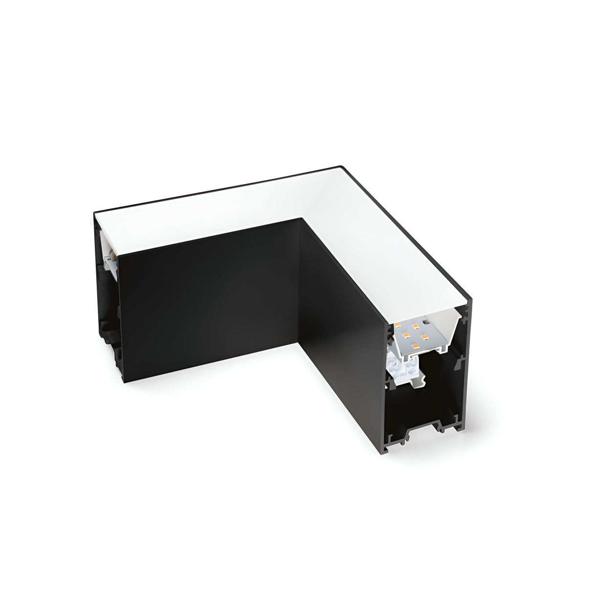 The Sparx Corner LED Connector 8W 3000K in black features an L-shaped design with visible inner mechanical components, perfect for connecting track lighting segments. It boasts a smooth, flat surface and is showcased against a plain white background.