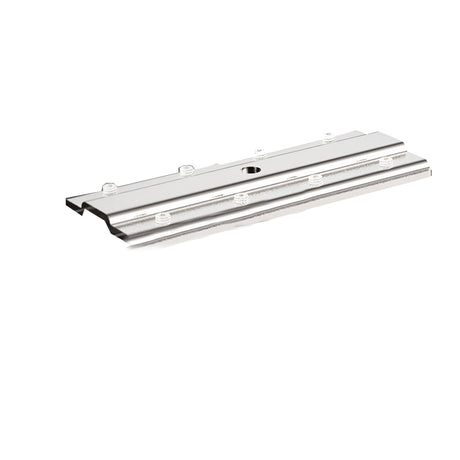 The Sparx Mounting Plate For Track Lighting Systems, a silver metallic grooved panel designed specifically for lighting installation, is placed flat against a white background. This rectangular mounting plate includes several small holes across its surface and a central circular opening, making it perfect for track lighting setups.