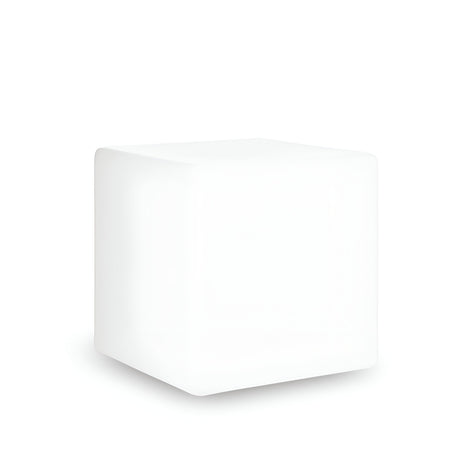 A white Spectra Outdoor Pedestal Light, measuring 50cm with smooth edges, stands against a plain background. This opaque cube emits luminescence, making it perfect for modern outdoor decor or garden lighting, adding a touch of elegance to any space.