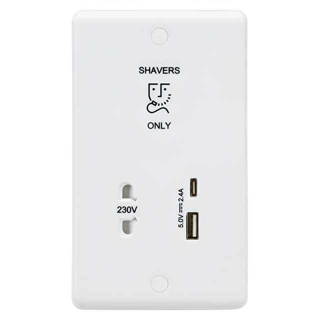 230V Shaver Socket with Dual USB A+C (5V DC 2.4A shared, Max. 12W)