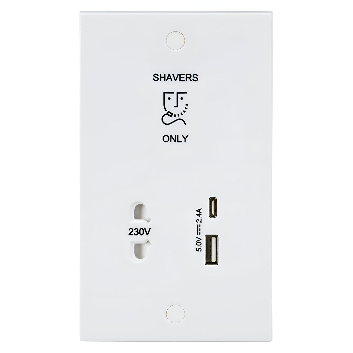 230V Shaver Socket with Dual USB A+C (5V DC 2.4A shared, Max. 12W)