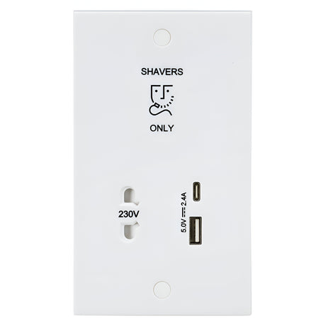 230V Shaver Socket with Dual USB A+C (5V DC 2.4A shared, Max. 12W)