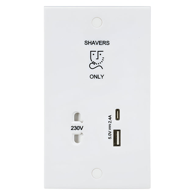 230V Shaver Socket with Dual USB A+C (5V DC 2.4A shared, Max. 12W)