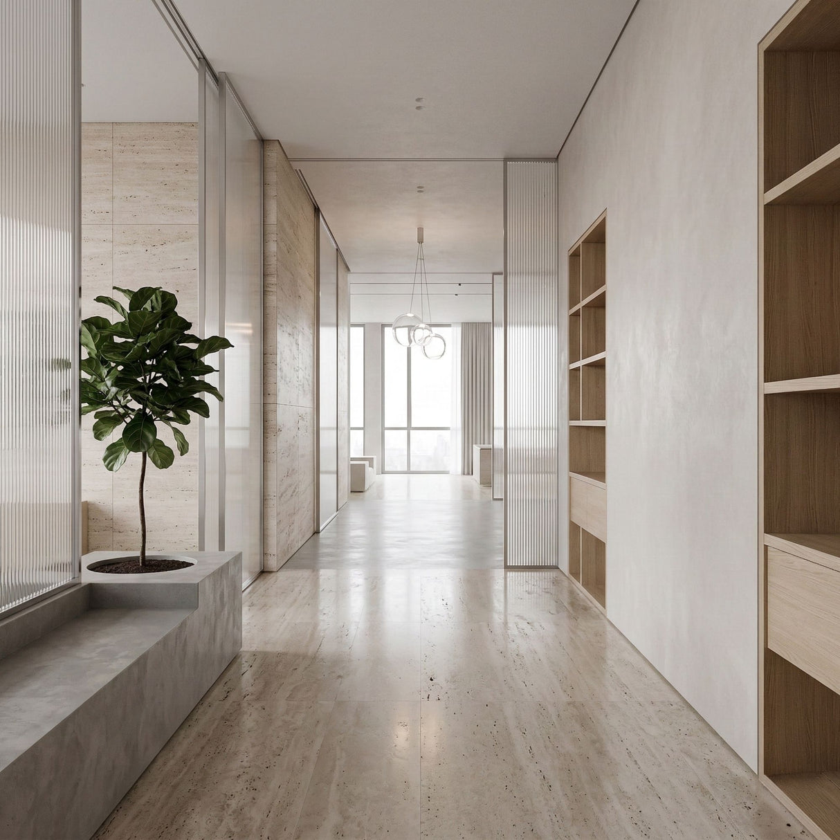 Niori Diverso 3 Light LED Cluster Pendant with clear glass globes hangs at the end of a minimalist hallway with travertine floors and wood shelving.