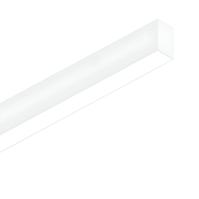 The Sparx Linear LED Suspension Light 27W 3000K - White, measuring 1805mm, is displayed at an angle against a simple backdrop. Its minimalist design highlights clean, sharp lines and a sleek appearance, providing energy-efficient lighting with a warm 3000K glow.
