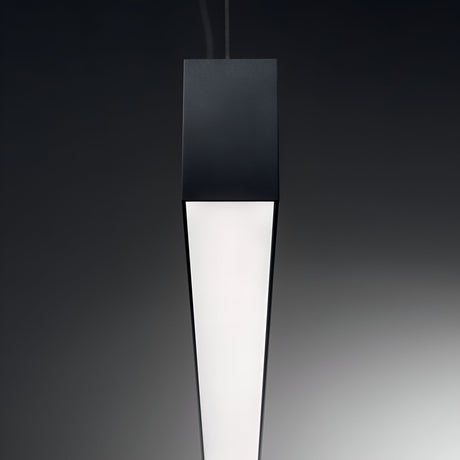 The Sparx Linear LED Suspension Light 27W 3000K - Black, featuring a sleek black top and an elongated white triangular-shaped body against a dark gray backdrop, offers energy-efficient illumination that enhances any modern aesthetic with its minimalist geometric design.