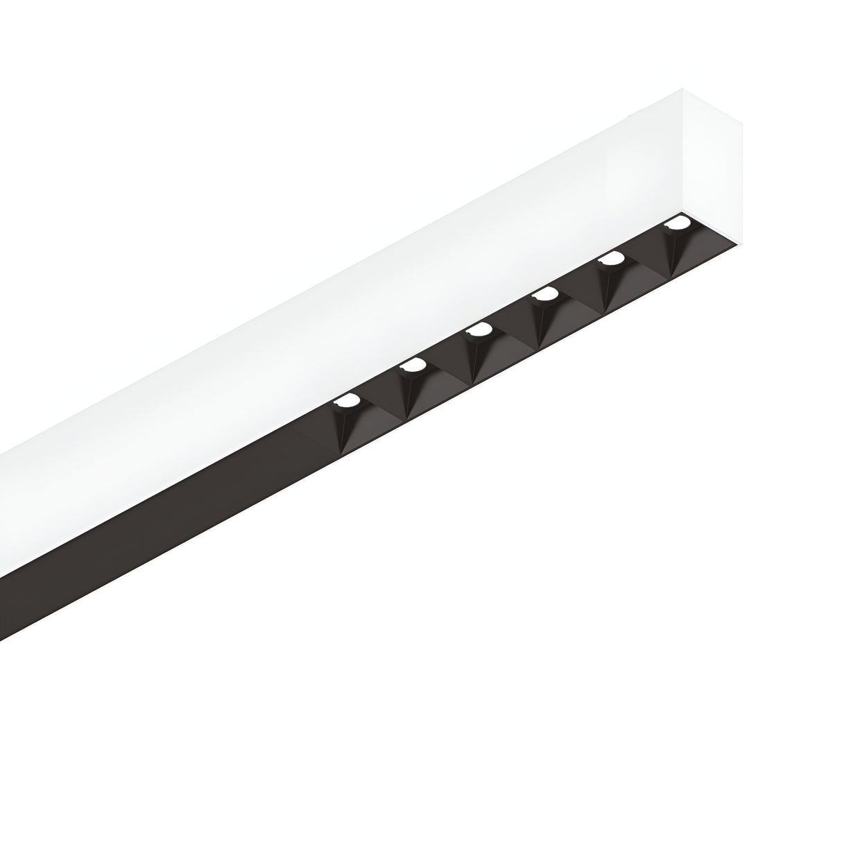 The Sparx Linear LED Suspension Light 30W 3000K - White, with its modern rectangular frame and small recessed circular lights, is perfect for energy-efficient illumination in contemporary interiors. Its sleek design stands elegantly angled against a white background.