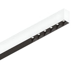 The Sparx Linear LED Suspension Light 30W 3000K - White, with its modern rectangular frame and small recessed circular lights, is perfect for energy-efficient illumination in contemporary interiors. Its sleek design stands elegantly angled against a white background.