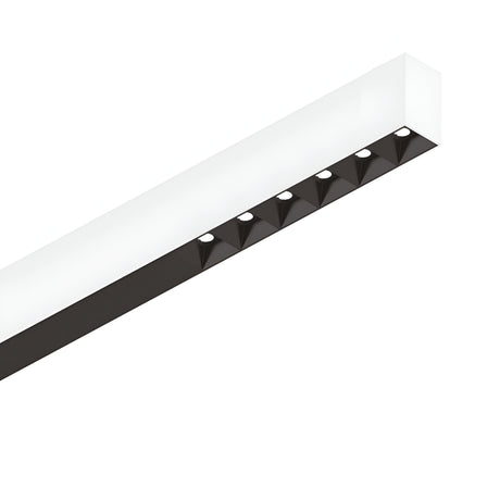 The Sparx Linear LED Suspension Light 30W 3000K - White, with its modern rectangular frame and small recessed circular lights, is perfect for energy-efficient illumination in contemporary interiors. Its sleek design stands elegantly angled against a white background.