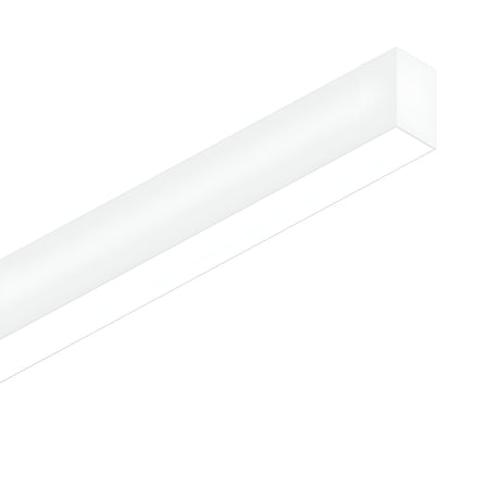 A Sparx Bi-Emission Linear LED Suspension Light, 40W 4000K and measuring 1205mm, is elegantly mounted on a ceiling with a corner view. Its sleek, rectangular design in white features a smooth surface that offers a modern and minimalist look. The bi-emission lighting makes it ideal for contemporary and energy-efficient interior spaces.