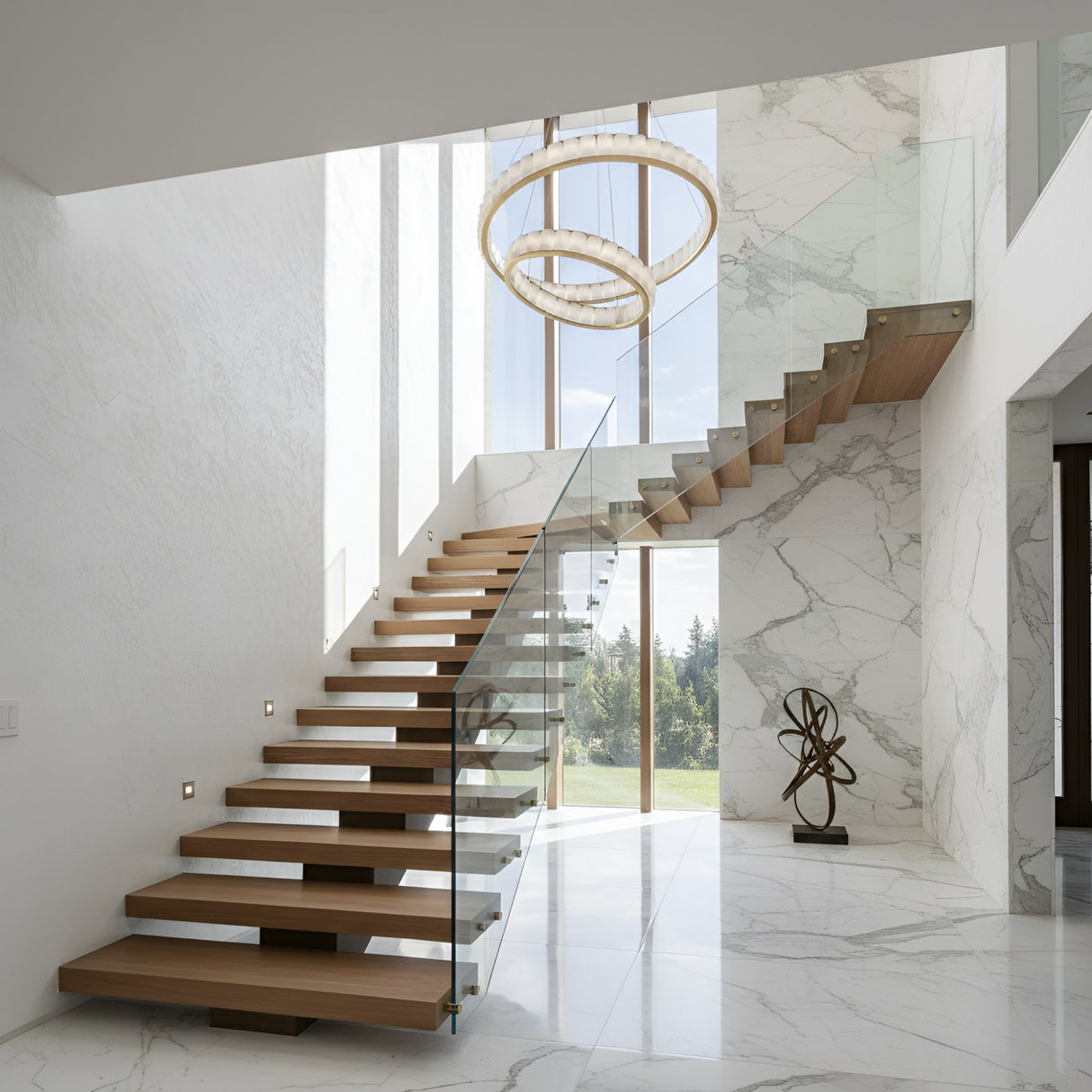 A modern staircase with floating wooden steps, glass railing, and large windows fills the space with light. Marble walls and floors, a metal sculpture, and the Orion 48 Light 2 Tier Ring Alabaster Chandelier add elegant minimalism.