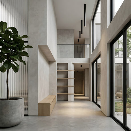 A modern, minimalist hallway features floor-to-ceiling windows, a potted plant, built-in wooden bench, open shelving, neutral tones, and the Pulcra Tube Flush Ceiling Light in black. Abundant natural light fills the airy space.