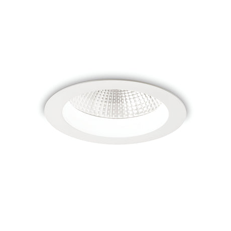 The Radiara-1 Round LED Recessed Downlight 71mm - 20W, 4000K, in White features a circular frame and a textured reflector. It is designed for flush installation to offer a minimalist look against the ceiling. With its 4000K light and IP44 rating, this fixture is ideal for various settings. In the image, the light appears to be off.