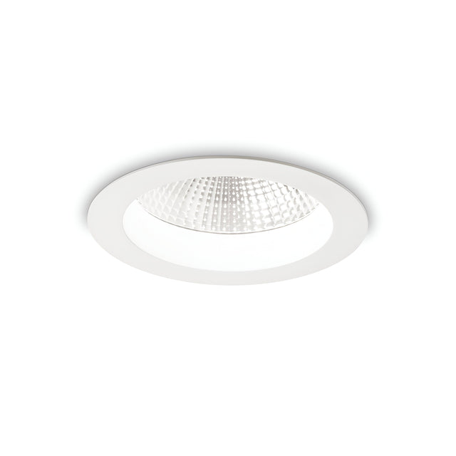 The Radiara-1 Round LED Recessed Downlight 71mm - 20W, 4000K, in White features a circular frame and a textured reflector. It is designed for flush installation to offer a minimalist look against the ceiling. With its 4000K light and IP44 rating, this fixture is ideal for various settings. In the image, the light appears to be off.