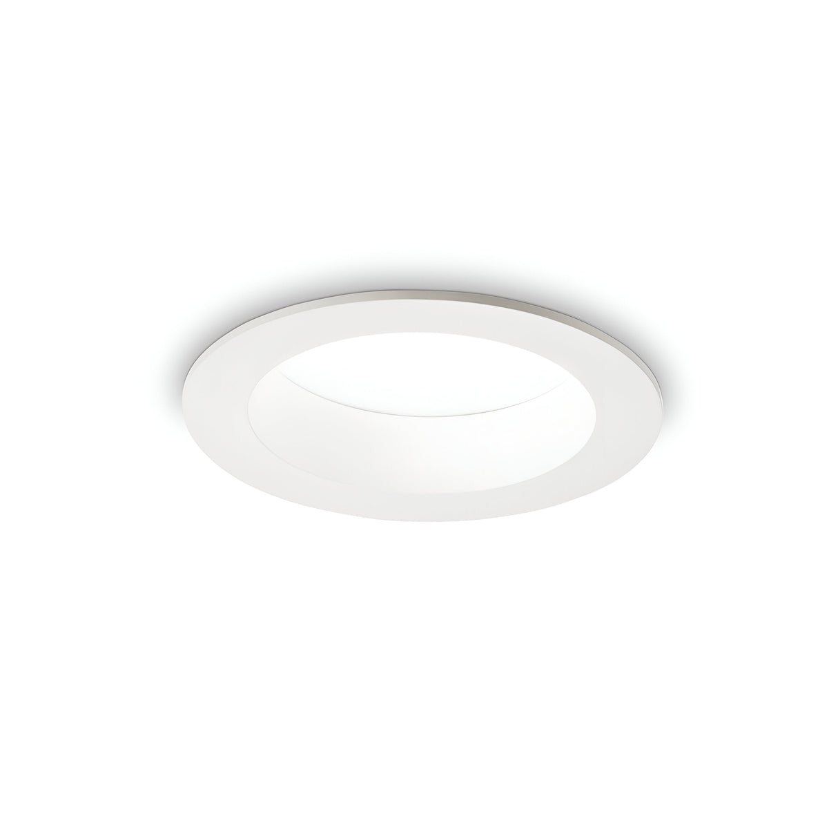 The Radiara-2 Round LED Recessed Downlight, measuring 58mm and operating at 10W with a color temperature of 4000K, features a minimalist circular design, energy efficiency, a white trim and diffused center. It is ideal for moisture-resistant lighting needs against a plain white background.
