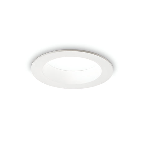 The Radiara-2 Round LED Recessed Downlight, measuring 58mm and operating at 10W with a color temperature of 4000K, features a minimalist circular design, energy efficiency, a white trim and diffused center. It is ideal for moisture-resistant lighting needs against a plain white background.