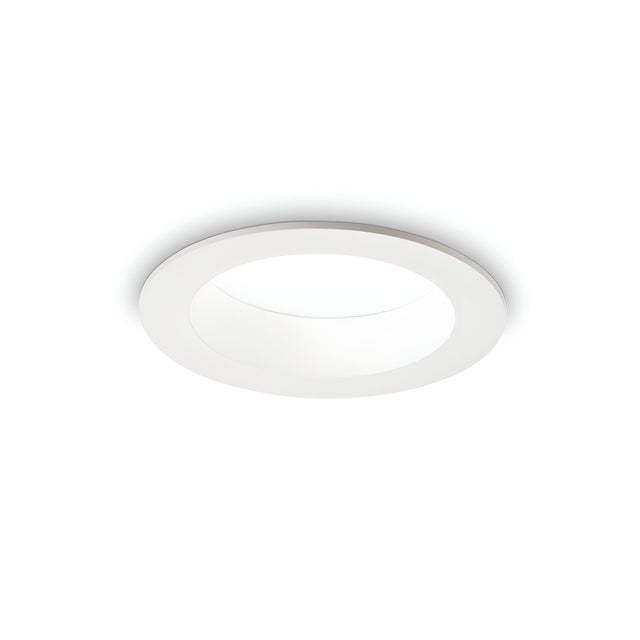 The Radiara-2 Round LED Recessed Downlight, measuring 58mm and operating at 10W with a color temperature of 4000K, features a minimalist circular design, energy efficiency, a white trim and diffused center. It is ideal for moisture-resistant lighting needs against a plain white background.