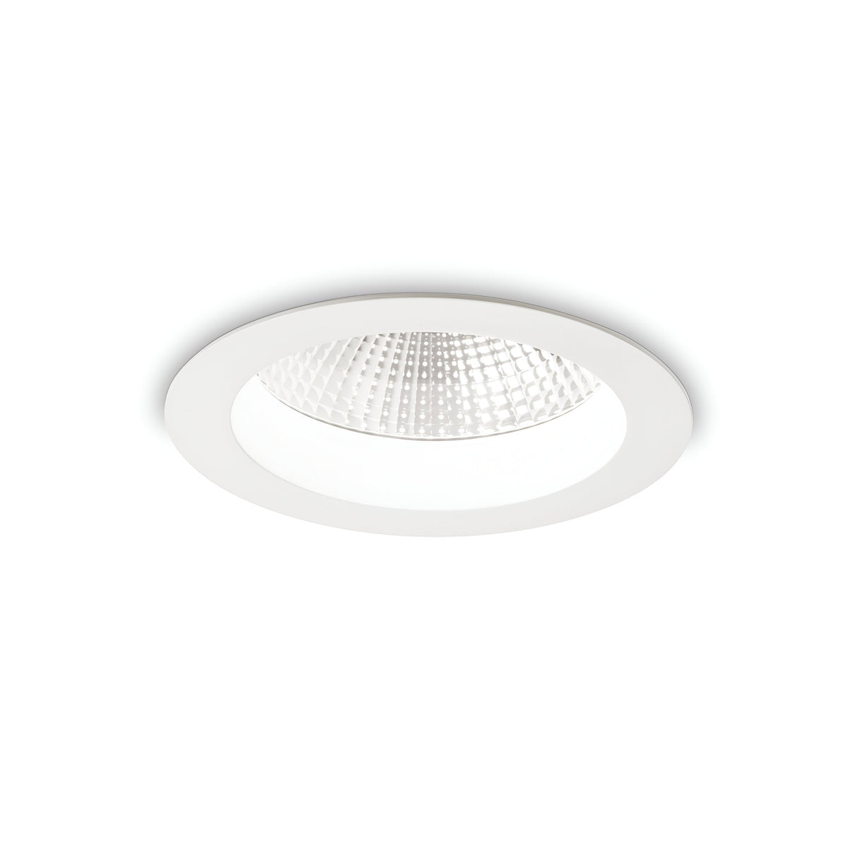 The Radiara-1 Round LED Recessed Downlight 71mm - 20W, White, with Chip on Board (COB) technology, emits a warm 3000K glow and features a circular white frame with a textured reflector.