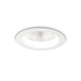 The Radiara-1 Round LED Recessed Downlight 71mm - 20W, White, with Chip on Board (COB) technology, emits a warm 3000K glow and features a circular white frame with a textured reflector.