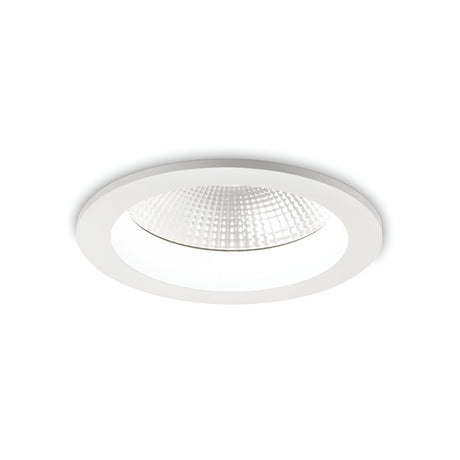 Displayed against a white background is the Radiara-1 Round LED Recessed Downlight, featuring a circular design with a textured inner reflector. This 30W fixture, exuding a minimalist and modern style, provides a comforting 3000K color temperature in white.