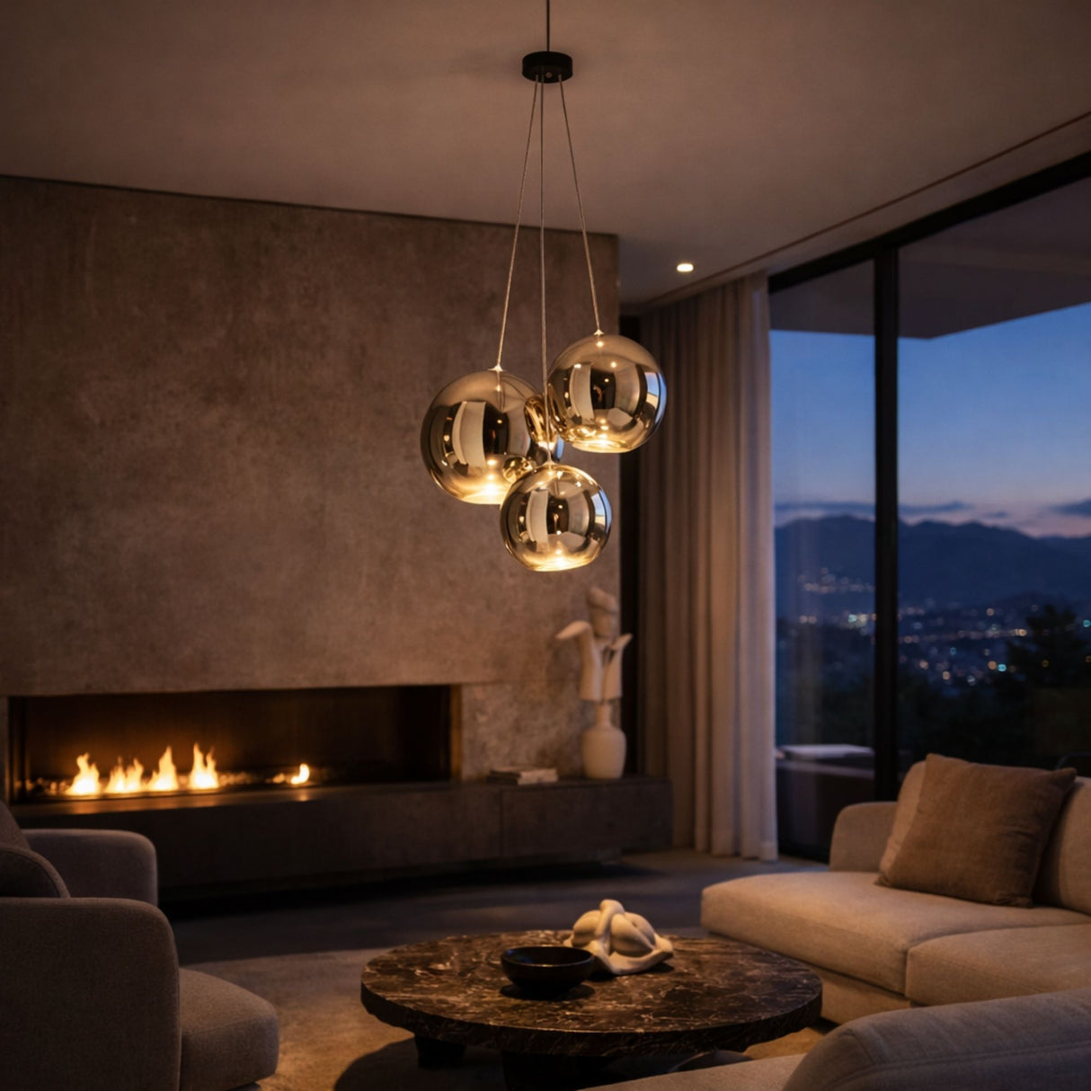 A modern living room with a marble coffee table, beige sofas, a lit fireplace, abstract sculpture, city-view windows at dusk, and three Diverso LED Pendant Lights in gold hanging from the ceiling.
