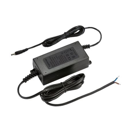 The 24V Power Adaptor 36W in black features a rectangular body with a plug on one end and exposed wires on the other, making it ideal for low voltage LED applications. It comes with numerous certification markings, ensuring its excellent performance as a constant voltage power supply.