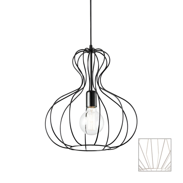 The Tone-1 1 Light Pendant - White is a minimalist pendant light that boasts a black wire cage design shaped like a bulb. It includes an exposed filament bulb suspended from a black cord, and an inset image highlights the intricate wire pattern of this modern lighting fixture.