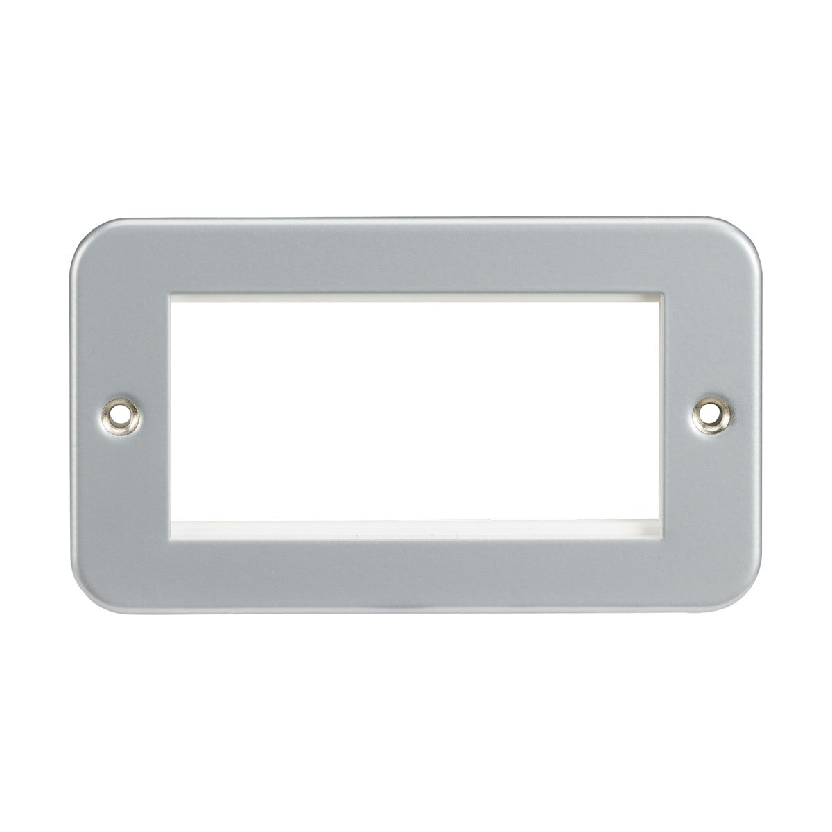 The Metal Clad 4 Gang Modular Faceplate by Knightsbridge is a sleek, white rectangular metal wall plate with a single large central opening designed for euro-module compatibility. It features two screw holes on either side for secure attachment, making it perfect for HDMI/USB solutions in any modern setup.