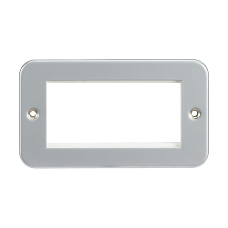 The Metal Clad 4 Gang Modular Faceplate by Knightsbridge is a sleek, white rectangular metal wall plate with a single large central opening designed for euro-module compatibility. It features two screw holes on either side for secure attachment, making it perfect for HDMI/USB solutions in any modern setup.