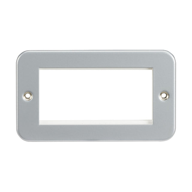 The Metal Clad 4 Gang Modular Faceplate by Knightsbridge is a sleek, white rectangular metal wall plate with a single large central opening designed for euro-module compatibility. It features two screw holes on either side for secure attachment, making it perfect for HDMI/USB solutions in any modern setup.