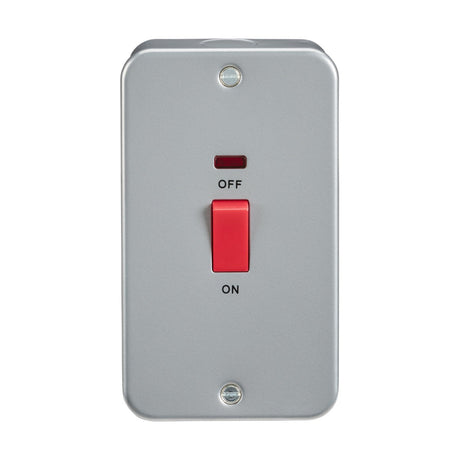 Introducing the Metal Clad 45A DP Switch Neon - Large Plate, a robust rectangular gray light switch with a prominent red toggle in the center. It features labeled ON and OFF positions, with OFF at the top and ON at the bottom. The switch is currently set to OFF and includes a neon indicator for convenient status verification.