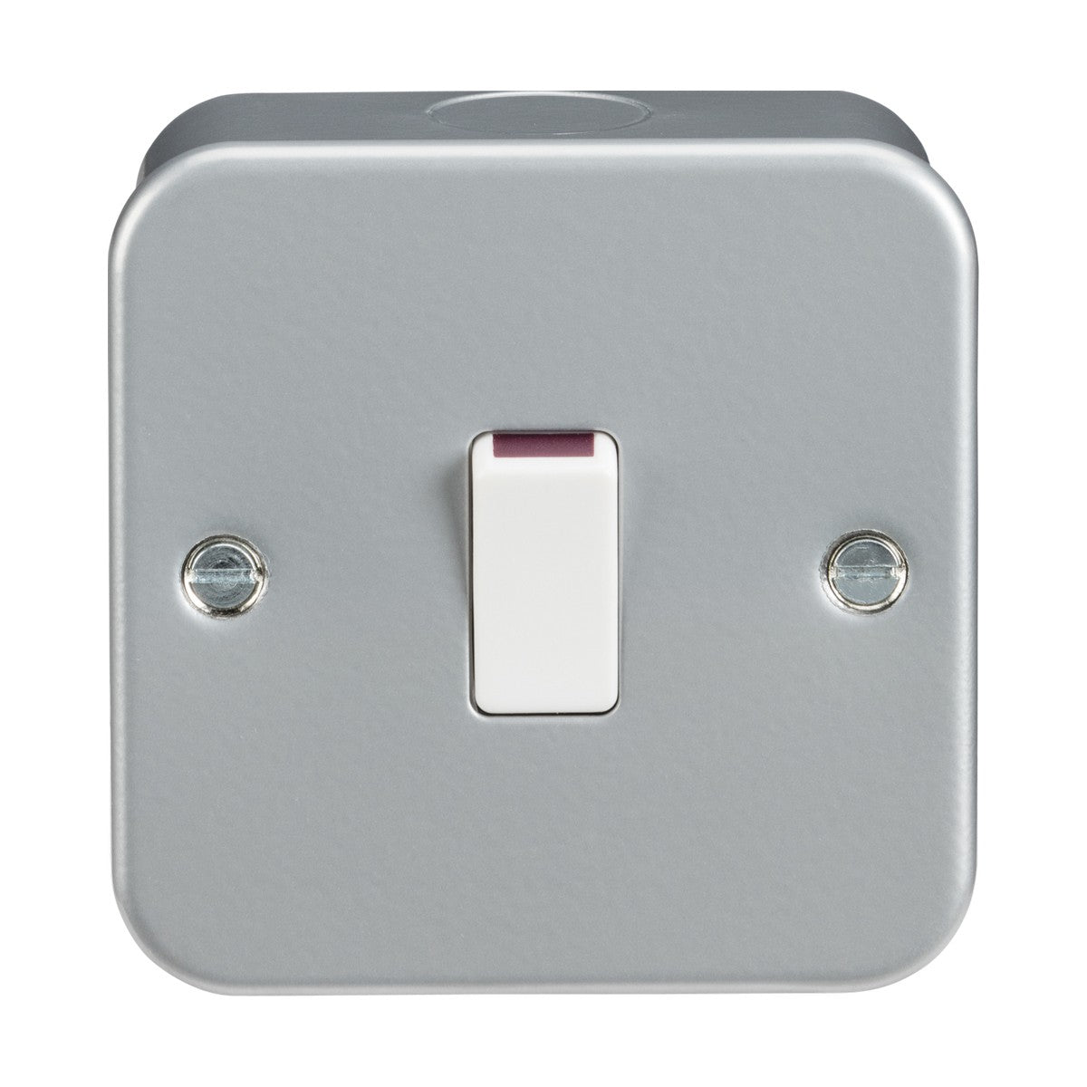 A Metal Clad 20A 1 Gang DP Switch with a square metallic design and a white toggle is affixed to a light gray plate made from premium grade steel. The plate, resembling a heavy-duty metal clad box, includes two silver screws on either side of the switch, offering both durability and style.