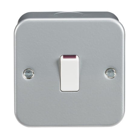 A Metal Clad 20A 1 Gang DP Switch with a square metallic design and a white toggle is affixed to a light gray plate made from premium grade steel. The plate, resembling a heavy-duty metal clad box, includes two silver screws on either side of the switch, offering both durability and style.