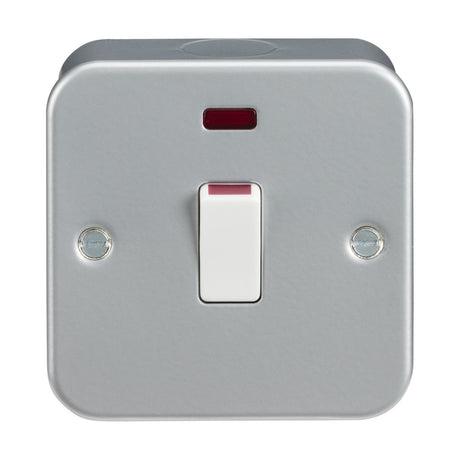 The Metal Clad 20A 1 Gang DP Switch Neon showcases a white toggle with a neon indicator, elegantly highlighting its status. Made from premium grade steel, it features a square design on a smooth metallic plate with two visible screws, embodying both durability and style.