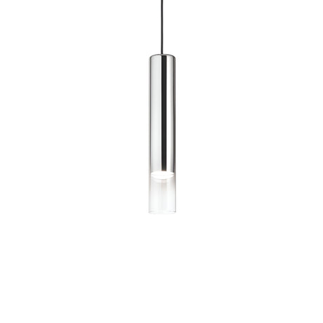The Noctis 1 Light Pendant, featuring a sleek chrome design with a silver finish, hangs from an adjustable fabric cable against a plain white background. Its minimalist style showcases a smooth surface and emits a soft glow from the bottom, epitomizing modern industrial lighting.