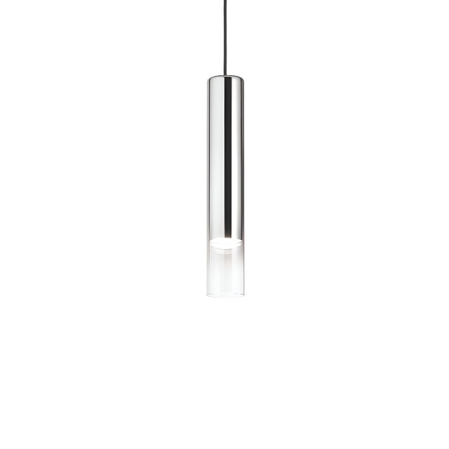 The Noctis 1 Light Pendant, featuring a sleek chrome design with a silver finish, hangs from an adjustable fabric cable against a plain white background. Its minimalist style showcases a smooth surface and emits a soft glow from the bottom, epitomizing modern industrial lighting.