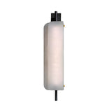 The Velisse LED Vertical Core Alabaster Wall Light in soft white and black features a frosted oval glass shade with black metal accents, elegantly mounted vertically against a white background.