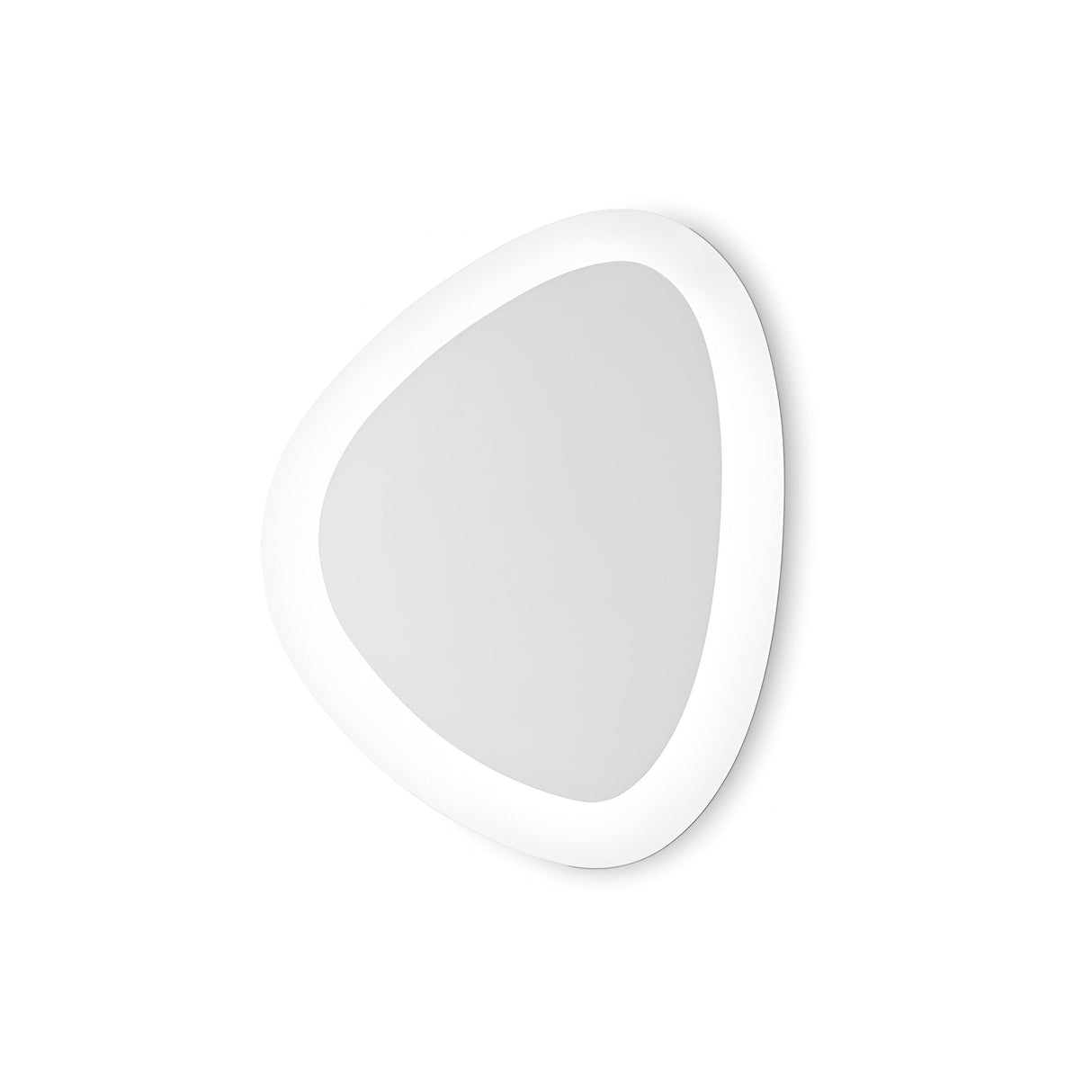 A modern, asymmetrical wall mirror with a smooth white frame on a plain background pairs beautifully with the NovaLight LED Ceiling & Wall Light 26W 3000K - White, 32cm. The mirror's soft, rounded edges enhance the contemporary and minimalist design, creating a seamless blend of style and energy-saving elegance.