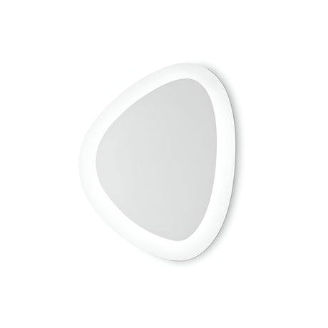 A modern, asymmetrical wall mirror with a smooth white frame on a plain background pairs beautifully with the NovaLight LED Ceiling & Wall Light 26W 3000K - White, 32cm. The mirror's soft, rounded edges enhance the contemporary and minimalist design, creating a seamless blend of style and energy-saving elegance.