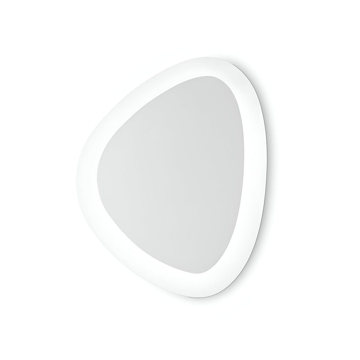 An irregular oval-shaped mirror with a white frame is mounted on a plain white wall. The frame boasts a smooth, glossy finish, enhancing the mirror's modern aesthetic and minimalist design. This look is perfectly complemented by the NovaLight LED Ceiling & Wall Light 25W 3000K - White, 40cm, which illuminates the space with energy-efficient brilliance.