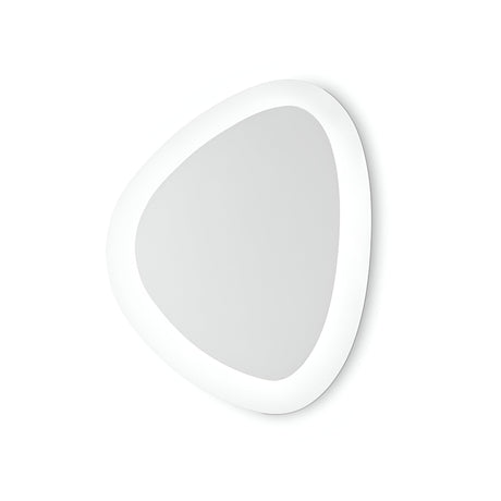 An irregular oval-shaped mirror with a white frame is mounted on a plain white wall. The frame boasts a smooth, glossy finish, enhancing the mirror's modern aesthetic and minimalist design. This look is perfectly complemented by the NovaLight LED Ceiling & Wall Light 25W 3000K - White, 40cm, which illuminates the space with energy-efficient brilliance.