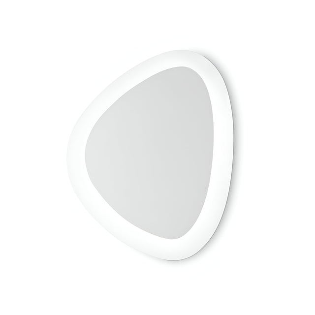 An irregular oval-shaped mirror with a white frame is mounted on a plain white wall. The frame boasts a smooth, glossy finish, enhancing the mirror's modern aesthetic and minimalist design. This look is perfectly complemented by the NovaLight LED Ceiling & Wall Light 25W 3000K - White, 40cm, which illuminates the space with energy-efficient brilliance.