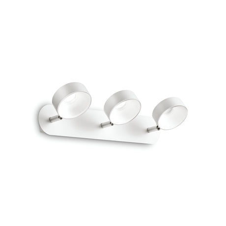 The Glissa LED Triple Bar Spotlight in white boasts a contemporary design with adjustable circular lamps on a rectangular base, utilizing energy-efficient LED technology, all set against a pristine white backdrop.